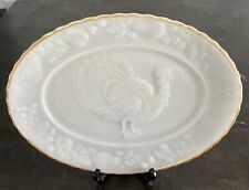Vintage Decorative Gold Trim Milk Glass Oval Turkey Platter with Stand picture