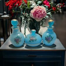 Hand painted 1950’s Czech Blue Perfume Bottles and Powder Dish Vanity Set EUC picture