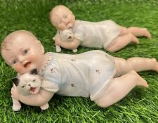 2 ~ Antique German Bisque Victorian Heubach Crawling Baby W Cat / Dog Figurine picture