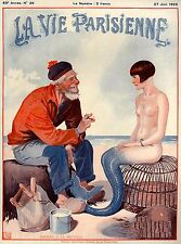 1925 La Vie Parisienne Fisherman and Mermaid France Travel Advertisement Poster picture