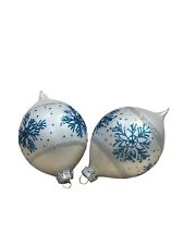 Christmas ornaments Set of 2 White glass with blue glitter snowflakes picture