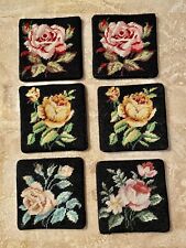 Beautiful Set Of 6 Vintage hand embroidered Coasters Rose Black Velvet 4x4” Used picture