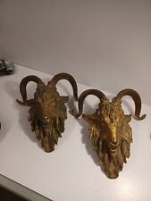 Antique Brass Rams Doorv Stoppers Wall Hangers Decor Rare Estate Find picture