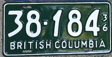 **1936 BRITISH COLUMBIA License Plate **  #38-184 Excellent Restored picture