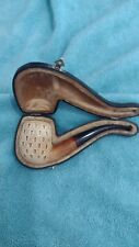 Carved  bock Meerschaum bent billard style pipe with fitted case picture