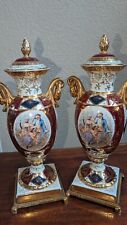 Rare Pair Early Czechoslovakian Porcelain Victoria Urn Lamps Handpainted 24k  picture