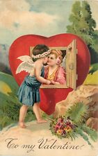 Embossed PFB Valentine Postcard 8881, Cupid & Girlfriend, Heart Shaped House picture