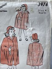Buttoned Cape and Hat Vintage 1943 Advance 3476 Sewing Pattern Girls Sz 4 picture