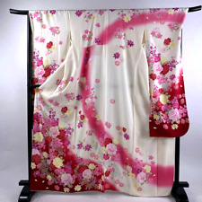 65.7inc Japanese Kimono SILK FURISODE Peony Flowers Cream picture