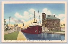 Sault Ste Marie Michigan MI Freighter Ship Leaving MacArthur Lock Postcard picture
