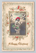 Postcard RPPC Christmas Greeting w/ Girl & Holly, Antique L15 picture