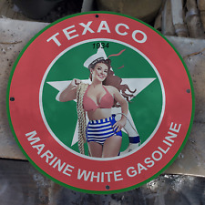 1934 TEXACO MARINE WHITE GASOLINE PORCELAIN GAS & OIL STATION GARAGE MAN CAVE SI picture