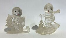 MCM Lucite Clear Frosted Christmas Figurines Vintage Skiing/Sledding picture