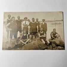 c. 1910 MEN in early SWIMWEAR by the Water RPPC Real Photo Postcard picture