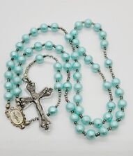 VINTAGE Rosary Blue beads beaded silver tone CROSS 20