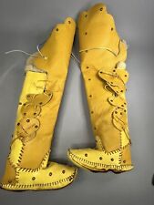 Vintage Native American Hippie Over the Knee Yellow Fur Lined Tall Moccasins picture