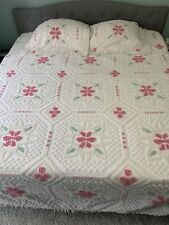 Vtg Chenille Bedspread Coverlet Queen White Pink Green Floral 94