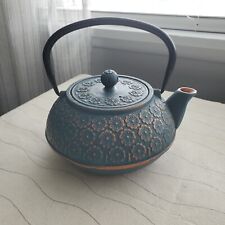 Primula Teal Floral Japanese Cast Iron Teapot with Loose Leaf Tea Infuser EUC picture