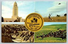 Nebraska Centennial 1867-1967~4 Views~Capitol~Badlands~Hunters~Roundup~Vtg PC picture