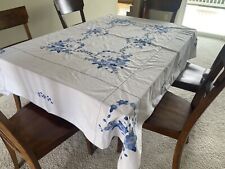 Vintage Tablecloth Handmade Appliquéd White W/ Blue Flowers 83” X 64” Rectangle picture