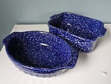 Blue Speckled Enamelware Stoneware 2 Pans Baking Dishes picture
