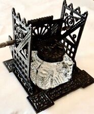EASTLAKE VICTORIAN BLACK IRON INKWELL  CRYSTAL WELL  ANTIQUE-PEN INCLUDED picture