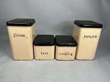 Vintage Harvell Mid Century Metal Canisters Coffee Tea Flour Sugar Taupe & Black picture