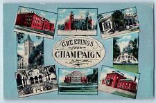 Champaign Illinois IL Postcard Greetings Buildings Fountain Scene 1912 Antique picture