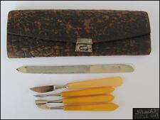 1950s VINTAGE LEATHER & AMBEROID LADIES MANICURE SET - MARKED picture
