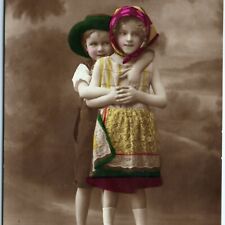 c1900s Adorable Little Boy Hugs Cute Girl RPPC Hand Colored Dress PFB Photo A148 picture
