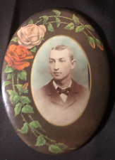Antique Memorial of Gentleman Photo in Tin Floral Wall Plaque, Colorized? picture