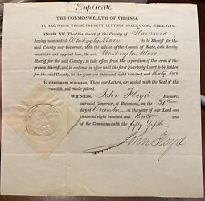 1830 Virginia Governor John Floyd SIGNED Document WITH SEAL Sheriff Fluvanna Co picture