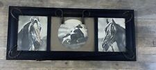 Antique Three-Panel Glass Horse Scene Horse Shoes Whip Wood Frame 36x16 picture