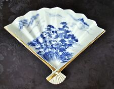 Vintage - Shibata - Japan Porcelain Fan Shaped Tray Blue And White Landscape picture