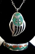 VINTAGE NAVAJO HOPI TURQUOISE CORAL STERLING CHIP INLAY CUFF BRACELET & PENDANT picture