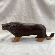 Hand Carved Wooden Glazed Two Tone Lion Statue Sculpture Figurine 12” L X 4.5” H picture