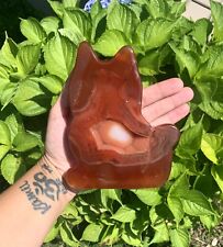 carnelian druzy Crystal Agate Cat carving Self Standing Inclusion On Back 1.3 Lb picture