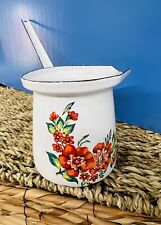 VTG Enameled Flowered  7”  Long Handled White Watering  Pot/Cup  W/ Blk Trim picture