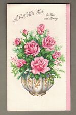 Vintage Get Well Greeting Card Unused Embossed Pink Roses 7