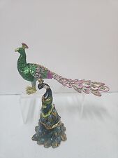2 Vintage Peacock Trinket Enameled Pill Box Jeweled Green Pink Blue GOLD picture