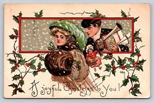 Embossed Artist HB Griggs 1912 PC Joyful Christmas Doll Teddy Bear Grn Plume Hat picture