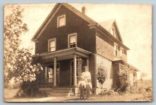 RPPC  Colonial House With Mother and Two Sons in Overalls Postcard picture