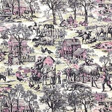 Vintage French Country Pastoral Farm Life Toile Cotton Interiors Fabric 1.6yd picture