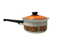 NEW Vintage Enamelware Sauce Pan Pot Retro Flower Power 70s Orange Enamel picture