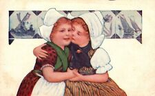 Vintage Postcard 1908 Two Beautiful Dutch Girl Embracing Children Art Painting picture