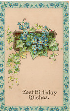 Postcard Birthday Greetings Blue Flowers Green Leaf Border -9582 picture