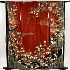 62.4inc Japanese Kimono SILK FURISODE Tachibana flower Gold color Red picture