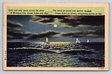 Michigan City Indiana IN Sailboats by Moonlight Night View Poem Vtg Postcard picture