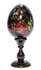 Vintage 2001 Hand Painted Russian Signed Floral Motif Lacquer Egg On Pedestal picture