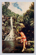 Postcard Hawaii HI Waterfall Pretty Polynesian Lady 1950s Unposted Chrome picture
